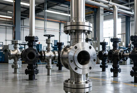 Industrial valve manufacturing workshop with stainless steel flanged and forged steel valves on a clean factory floor